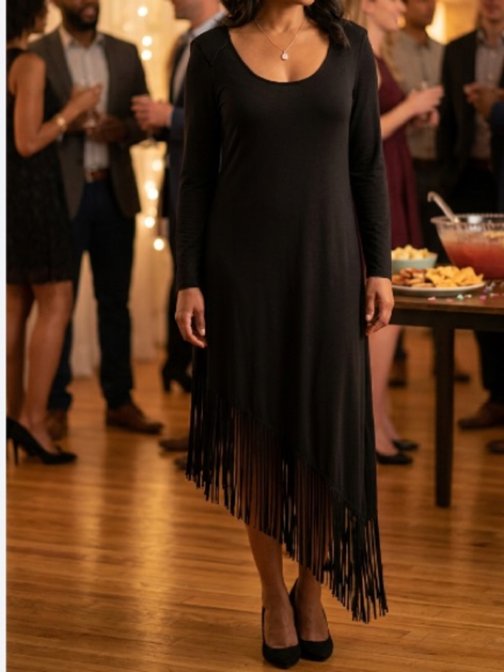 Sense Black Fringe Long Sleeve Dress Sz XL Women NWT